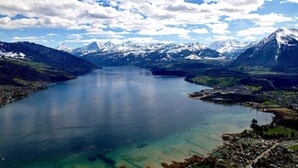 Ein weitreichender Blick auf einen See, umgeben von Bergen und einer Stadt.