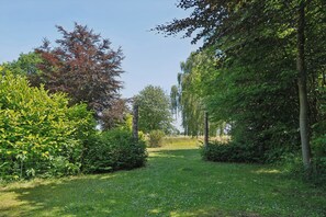 A pathway through a garden with various trees and shrubs.