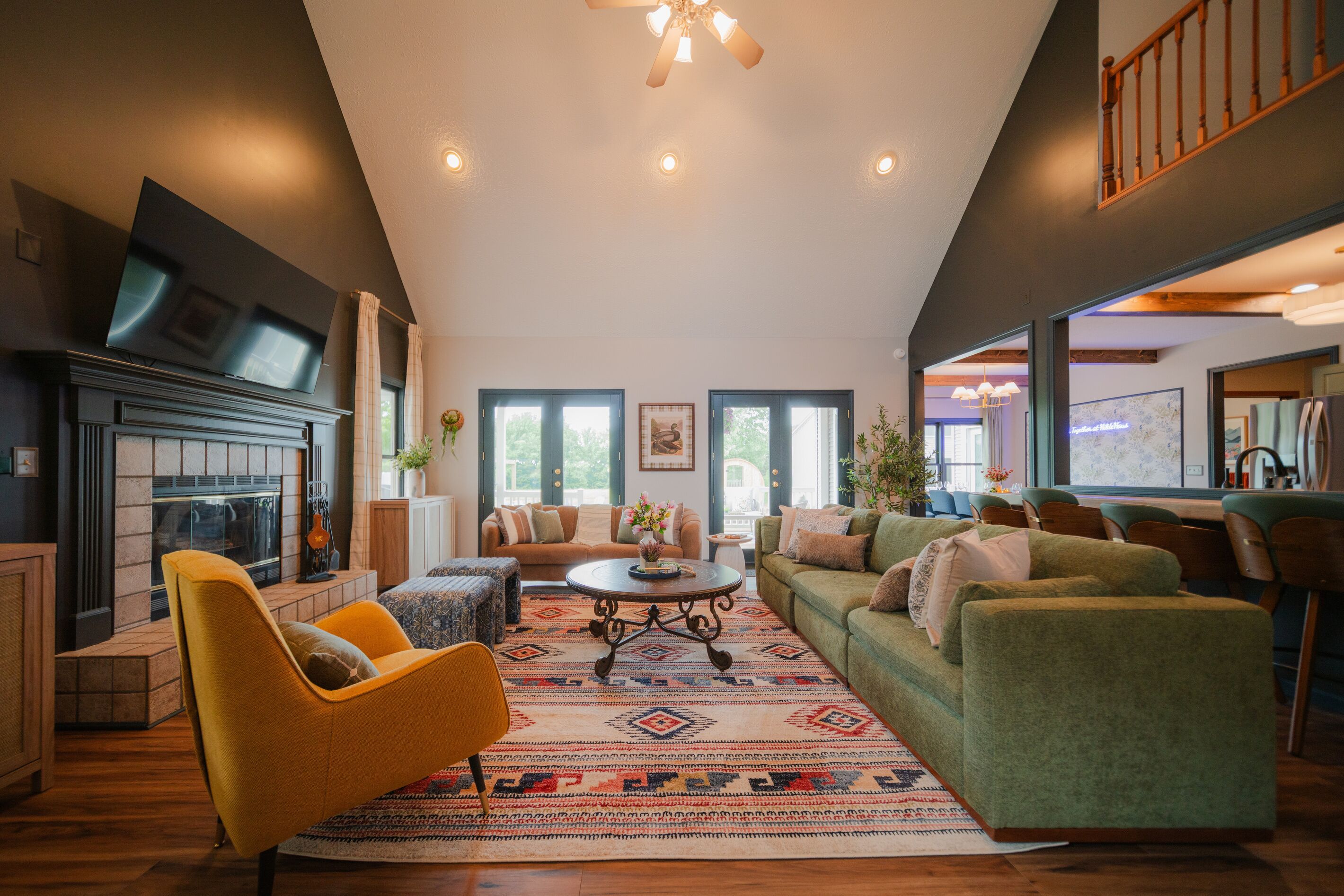 Smart TV, fireplace, foosball, books