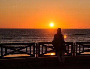 A person standing by a railing overlooking the ocean during sunset. - Holiday studio close to the ocean – Ideal for 2 people (LACANAU OCEAN)
