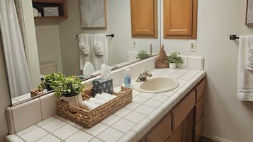 Hair dryer, towels, soap, toilet paper