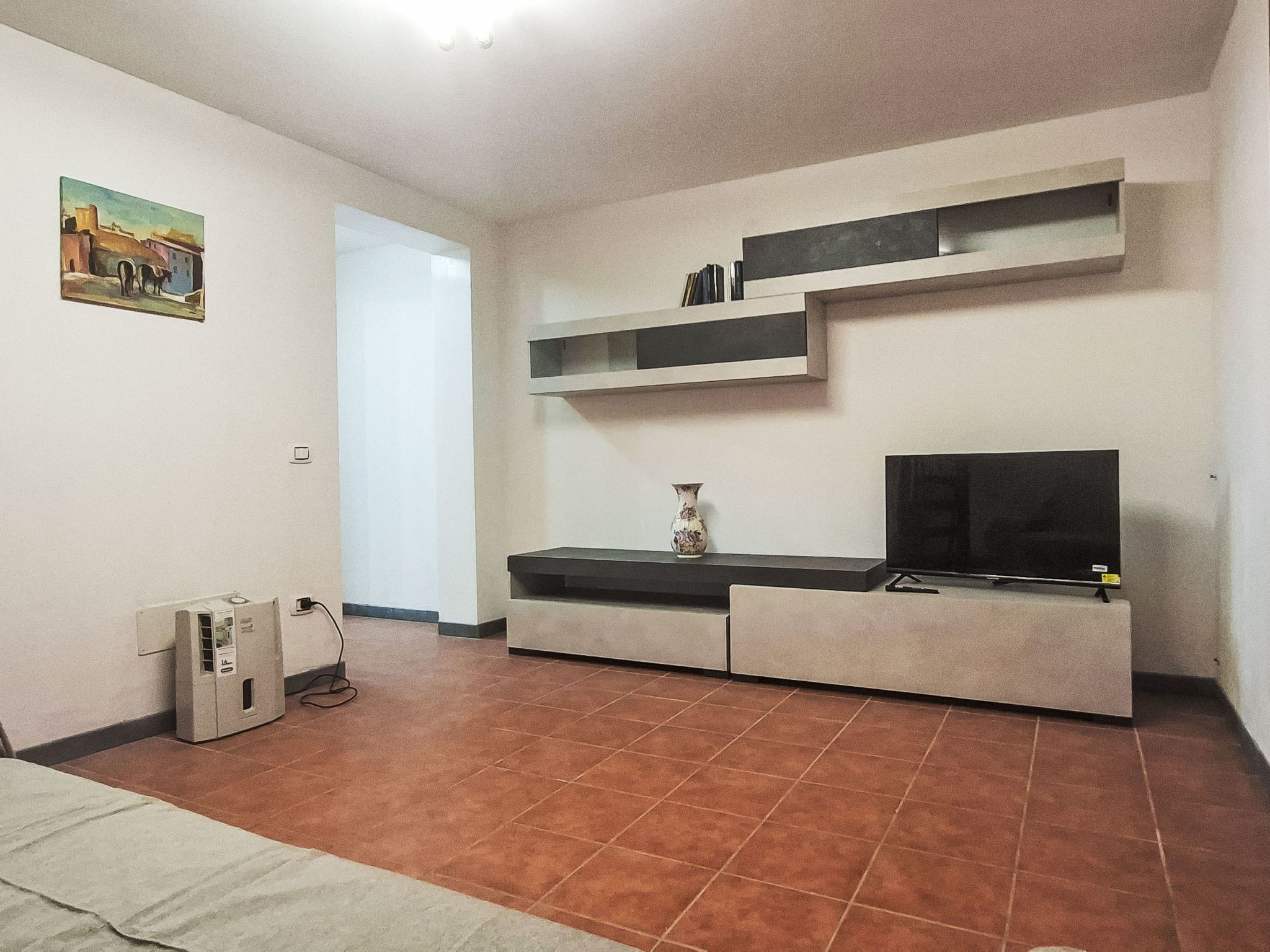 Ein Wohnzimmer mit Fernseher, Regalen, einer Vase und einem Gemälde an der Wand.