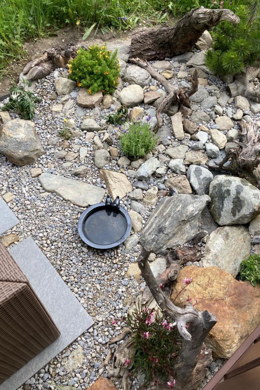 A garden with a water feature, rocks, and plants.