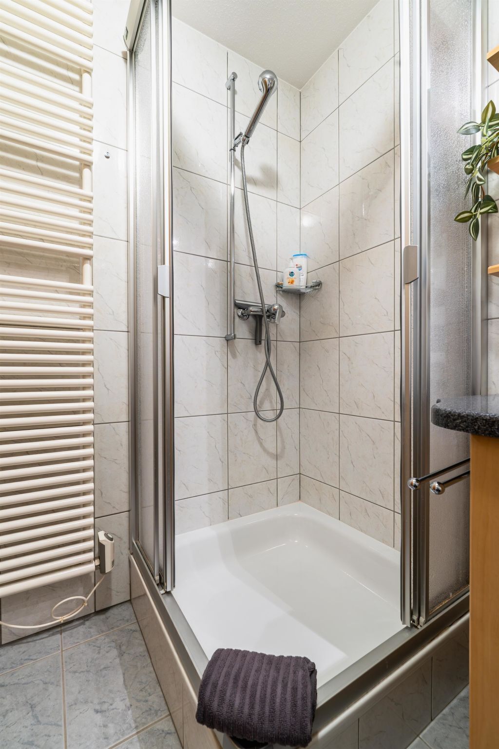 Un espace douche moderne avec une porte en verre, une douchette à main et une bouteille de shampoing posée sur une étagère.