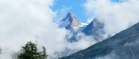 A mountain landscape with snow-capped peaks, dense forest, and clouds.