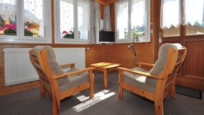 Una habitación acogedora con paredes de madera, un radiador, dos sillas de madera, una mesa pequeña y un televisor montado en la pared.