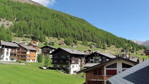 Un village de montagne aux maisons traditionnelles en bois, avec un ciel dégagé et une colline boisée.