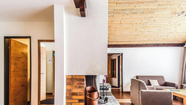 Een modern interieur met een houten plafond, een open haard, een bank en een salontafel.