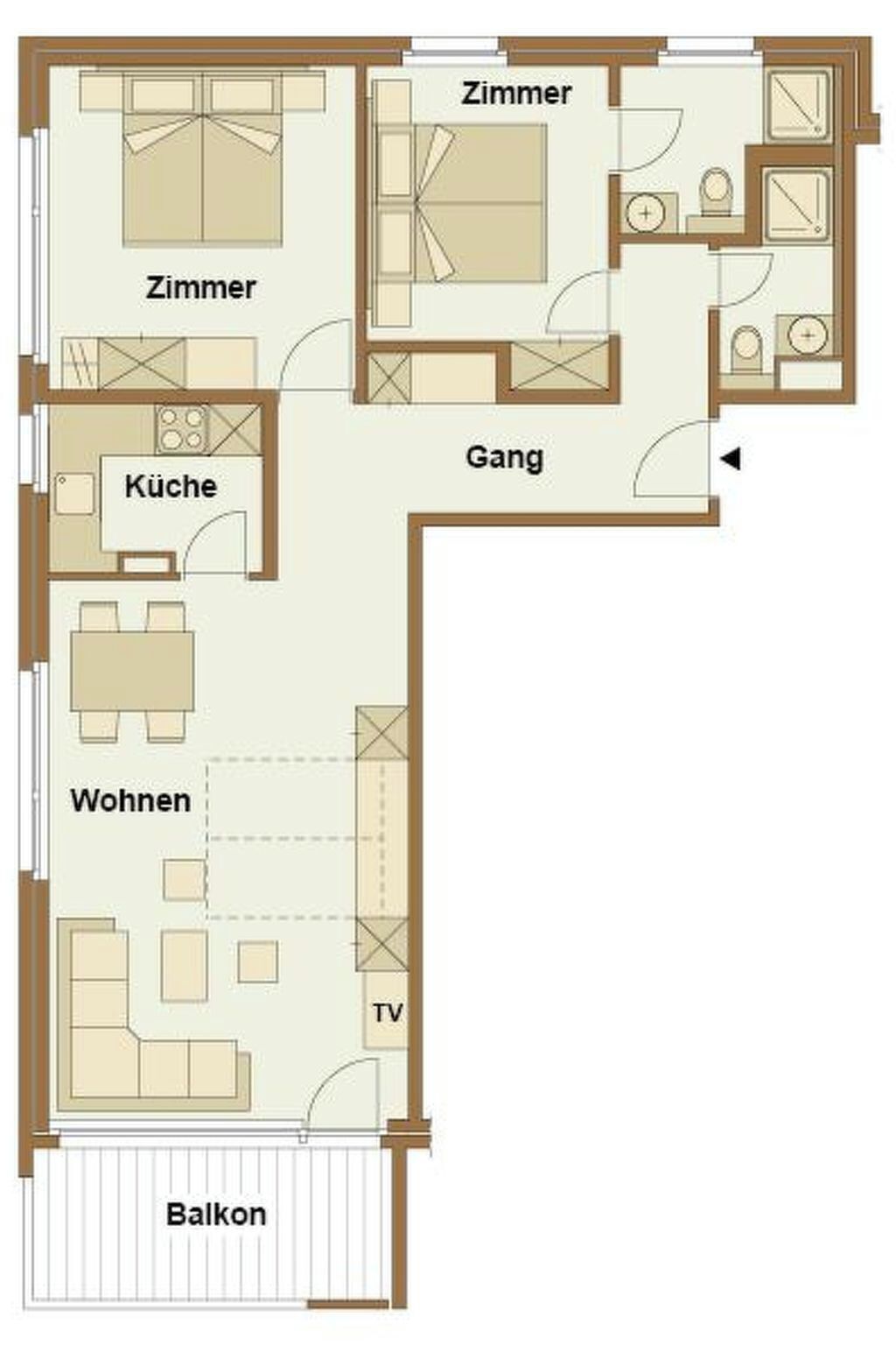 Un plan d’étage comprenant un salon, deux chambres, une cuisine, une salle de bain et un balcon.