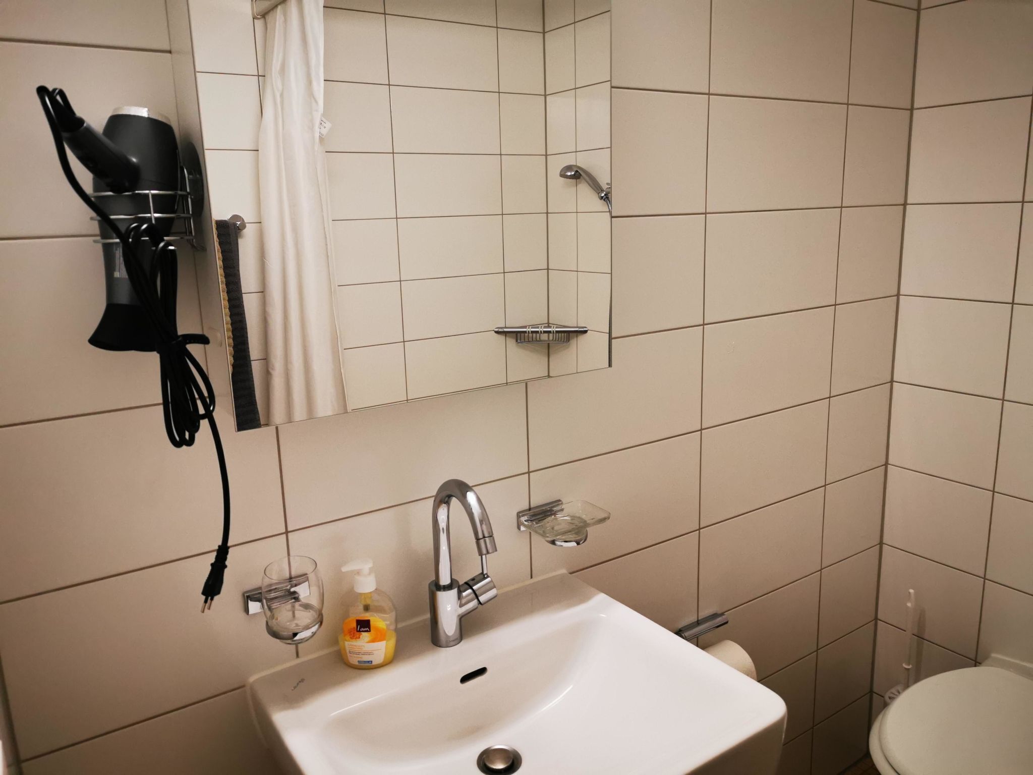 A bathroom with a sink, mirror, hairdryer, and shower.