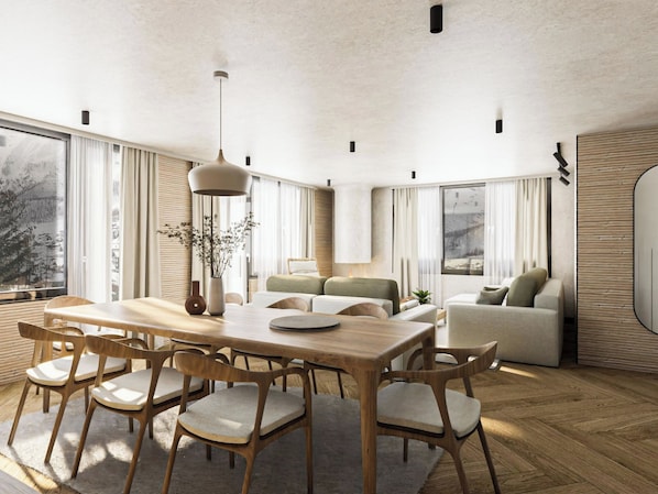 A modern living room with a wooden dining table, chairs, a sofa, and a large window with a view. - Alphubel Peak & Unlimited Appartement/Fewo Peak 07 by Interhome (Saas-Fee)