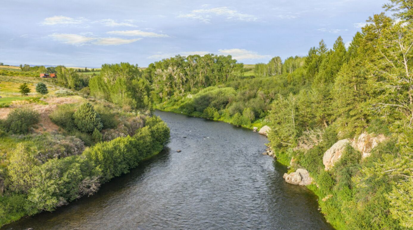 Une rivière traverse une zone boisée, et on aperçoit un petit bâtiment au loin.