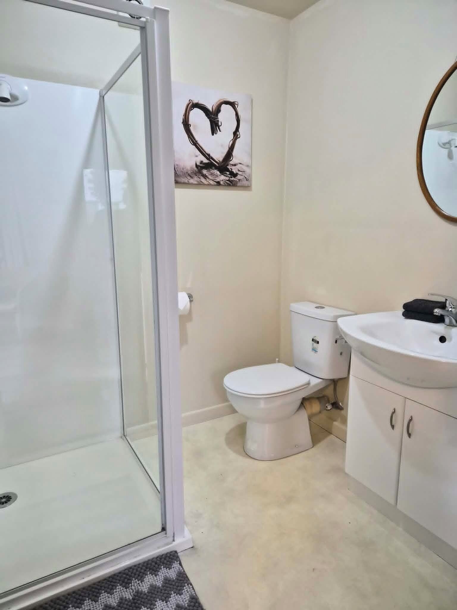 Shower, towels, toilet paper