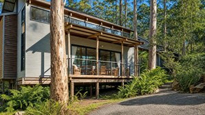 A modern wooden cabin with a balcony, surrounded by trees. - Inglenook: Cosy forest escape, 5min to Denmark (Denmark)
