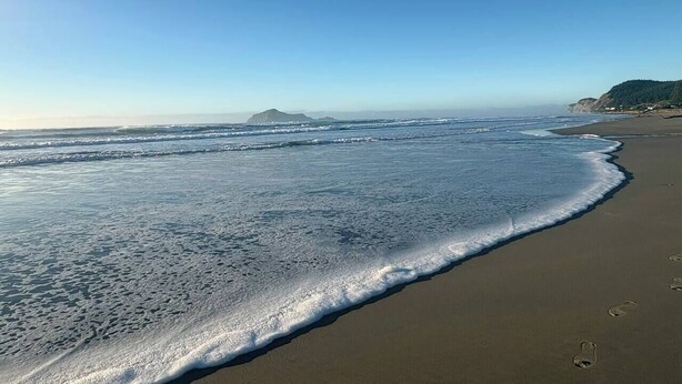 A beach with waves, a clear sky, and a distant island. - Spacious Waimārama Beach House with Large Deck (Waimārama)
