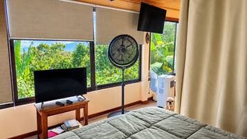 A room with a bed, a television on a stand, a standing fan, and a window with a view of greenery.