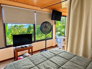 A room with a bed, a television on a stand, a standing fan, and a window with a view of greenery.