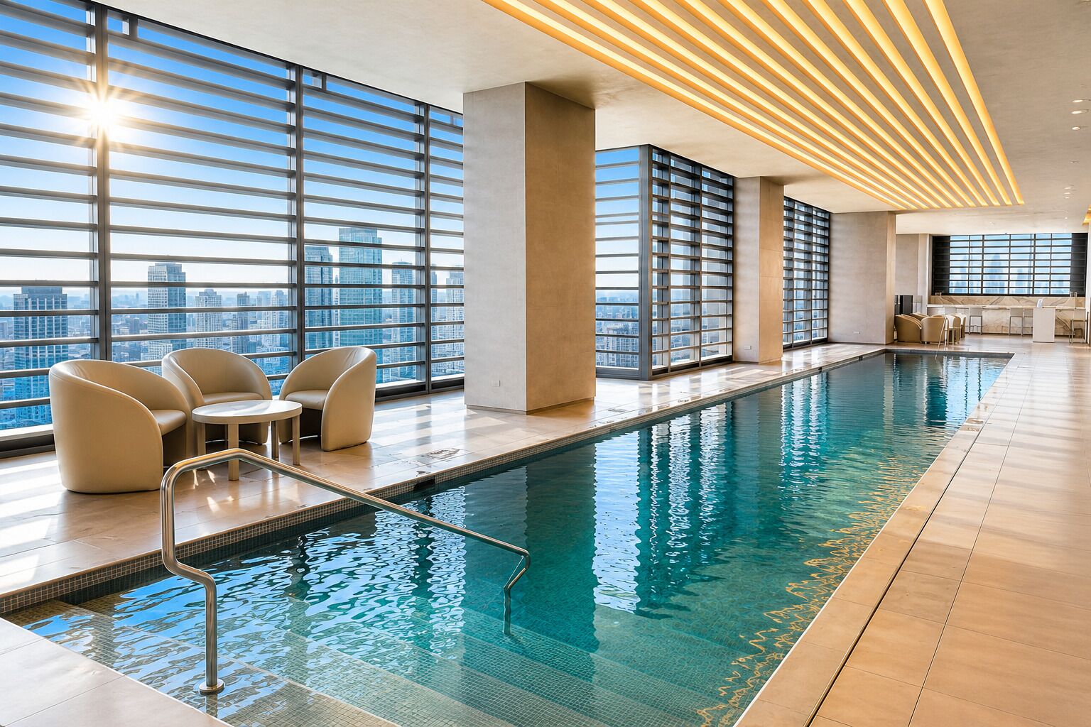A modern indoor swimming pool with clear glass walls, a poolside seating area, and a city view.