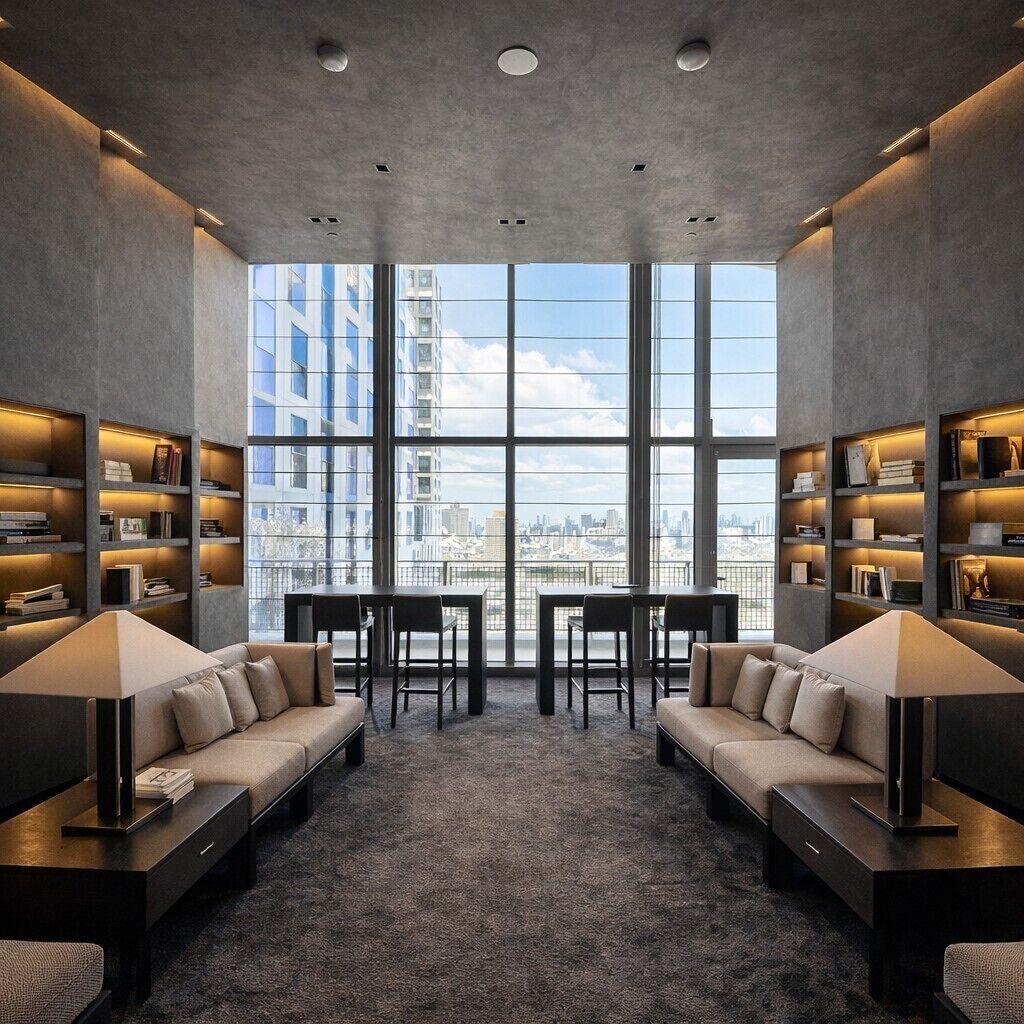 A modern interior with a city view, two sofas, a table, and bookshelves.