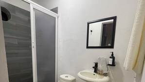 A bathroom with a toilet, sink, mirror, and shower.