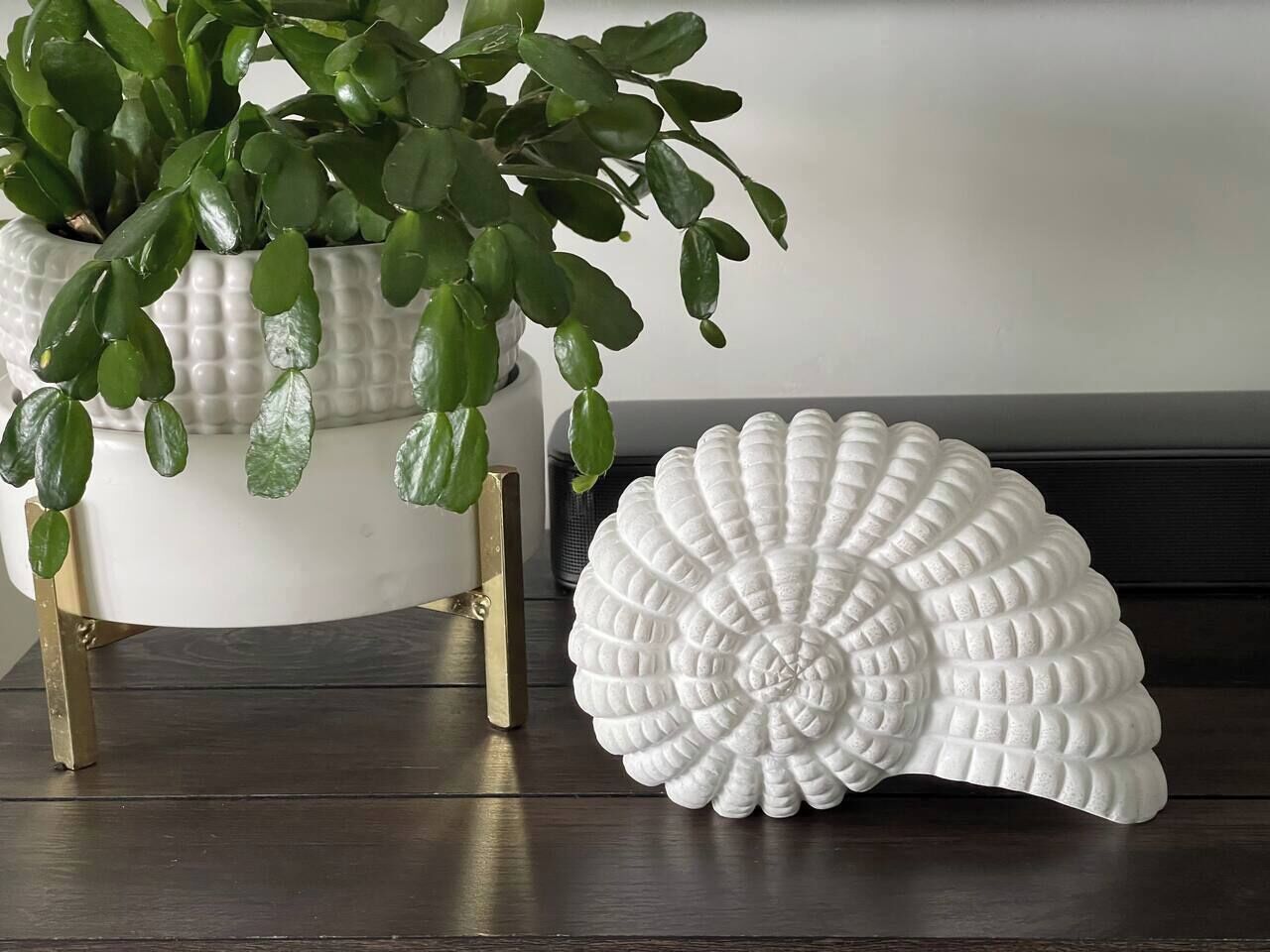 Un pot en céramique blanche, orné de feuillage vert, posé sur une surface en bois.