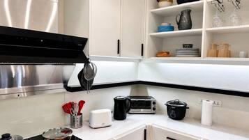 Fridge, microwave, coffee/tea maker, electric kettle