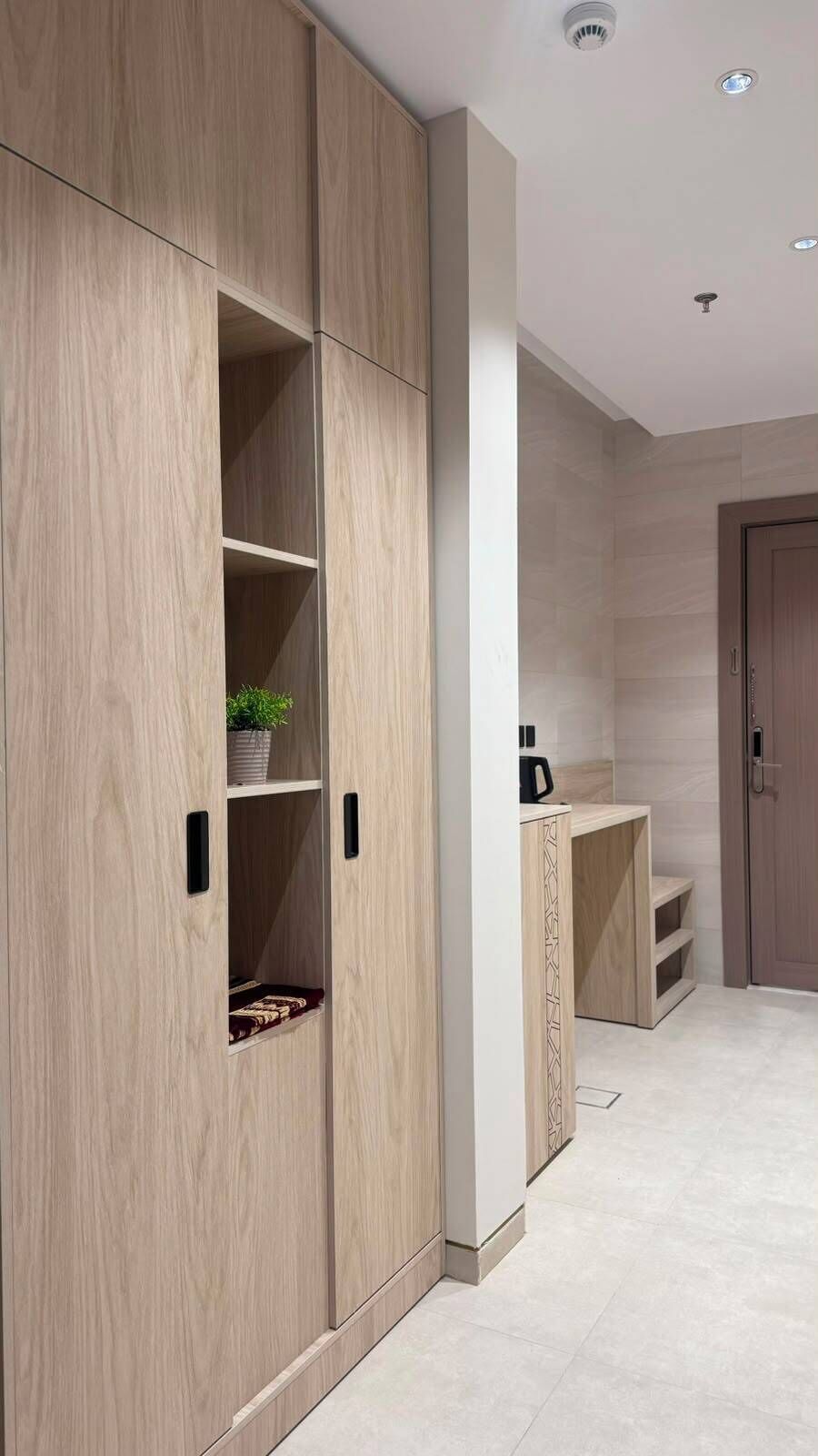 A modern interior with a wooden wardrobe, a white shelf unit, and a small desk with a plant.