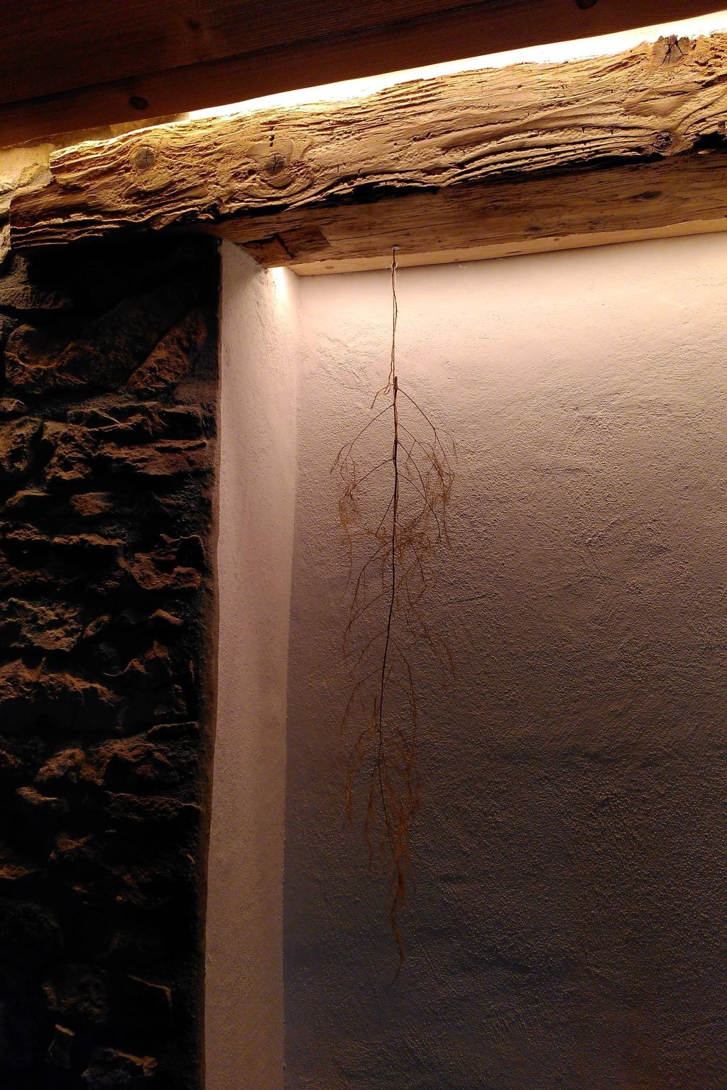 Een ruwe, getextureerde muur met een hangende draad.