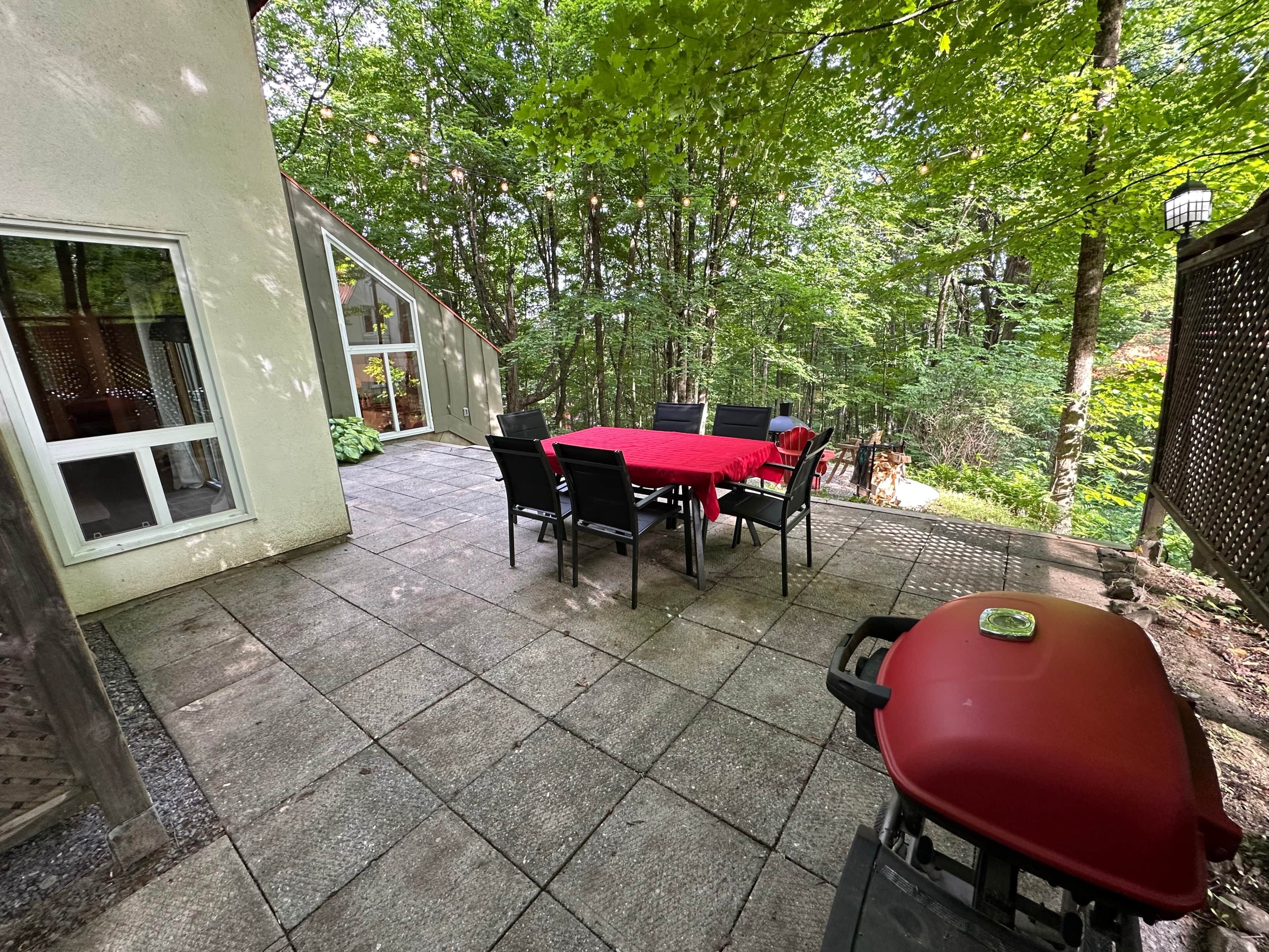 Une terrasse avec une table et des chaises, un barbecue et une vue sur une zone boisée.