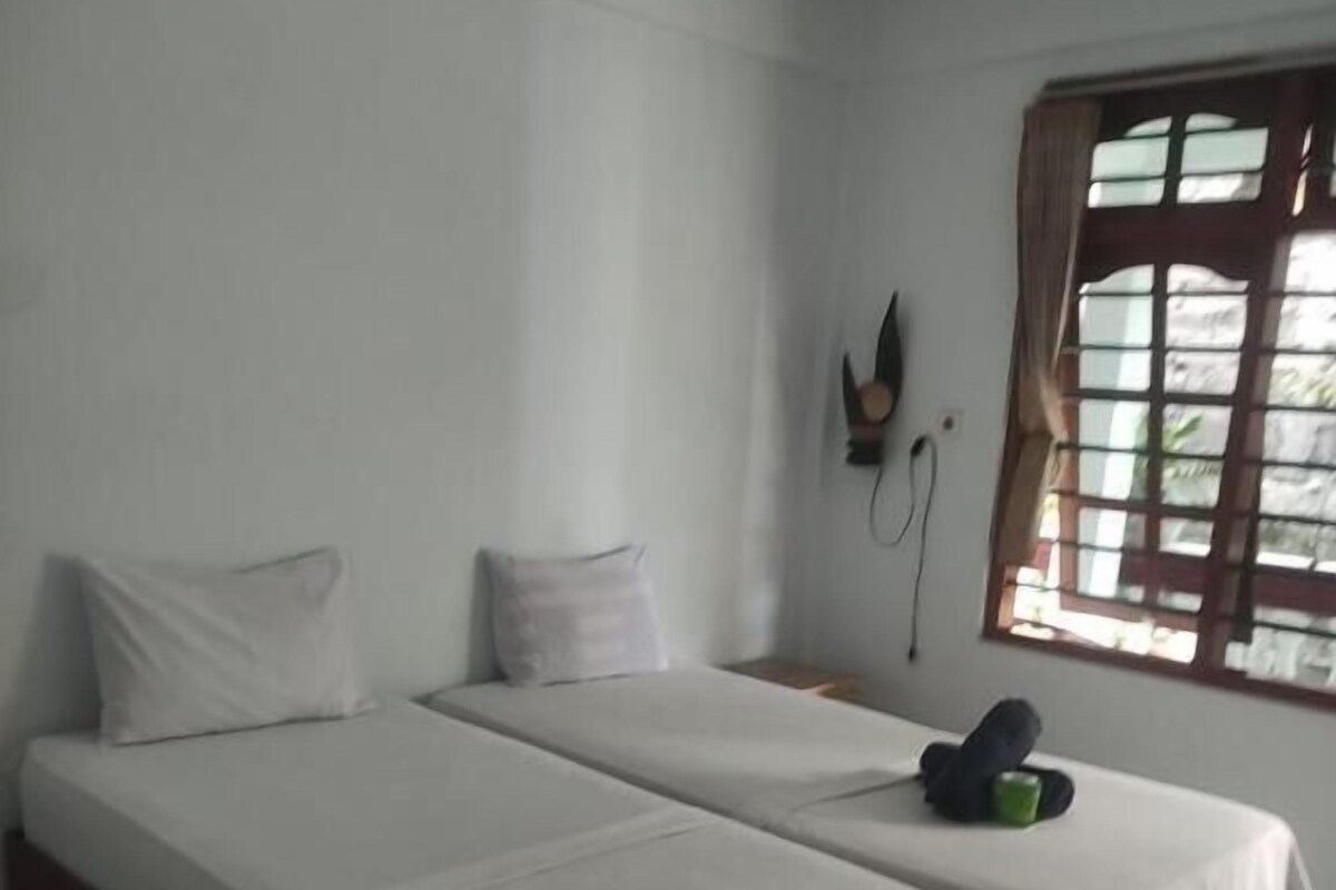 Una habitación con dos camas individuales, una ventana con cortinas y un televisor de pared.