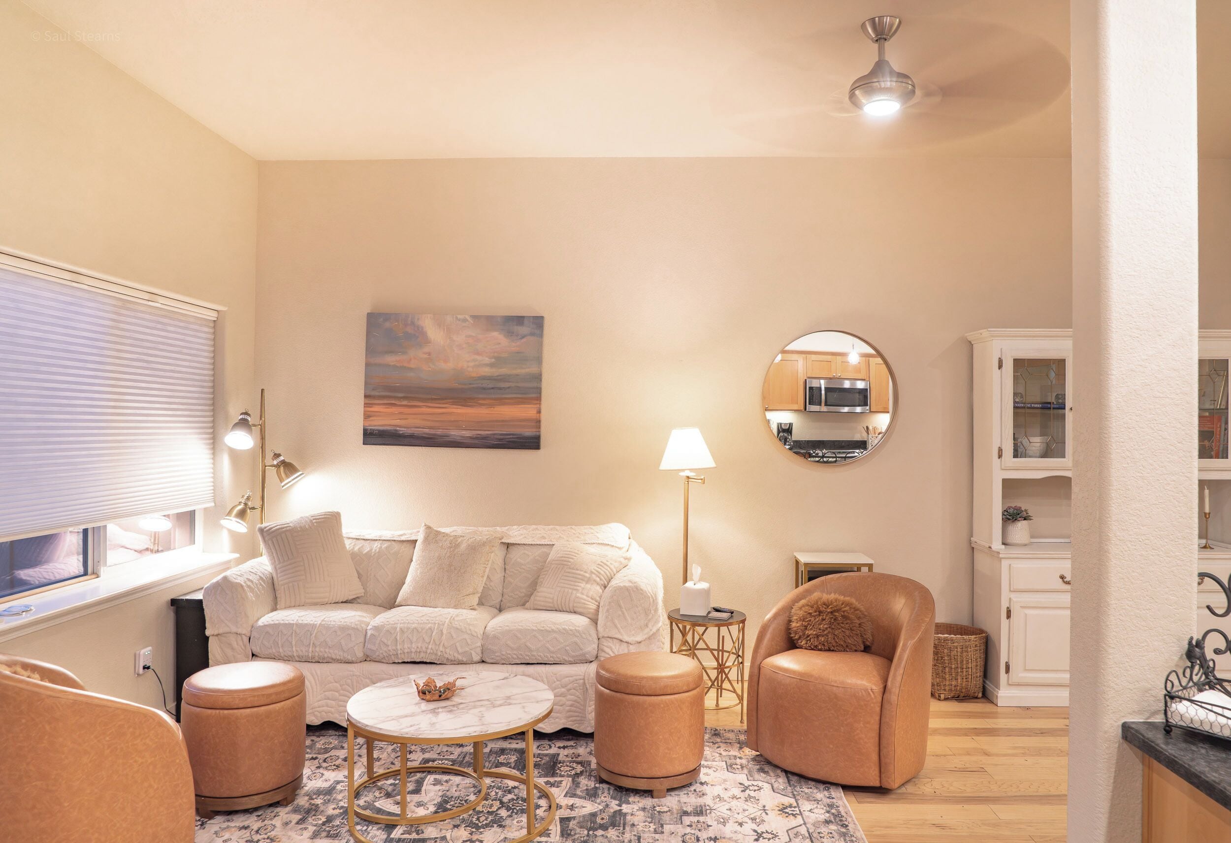 Smart TV, fireplace, books