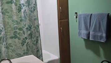 Hair dryer, towels, soap, toilet paper