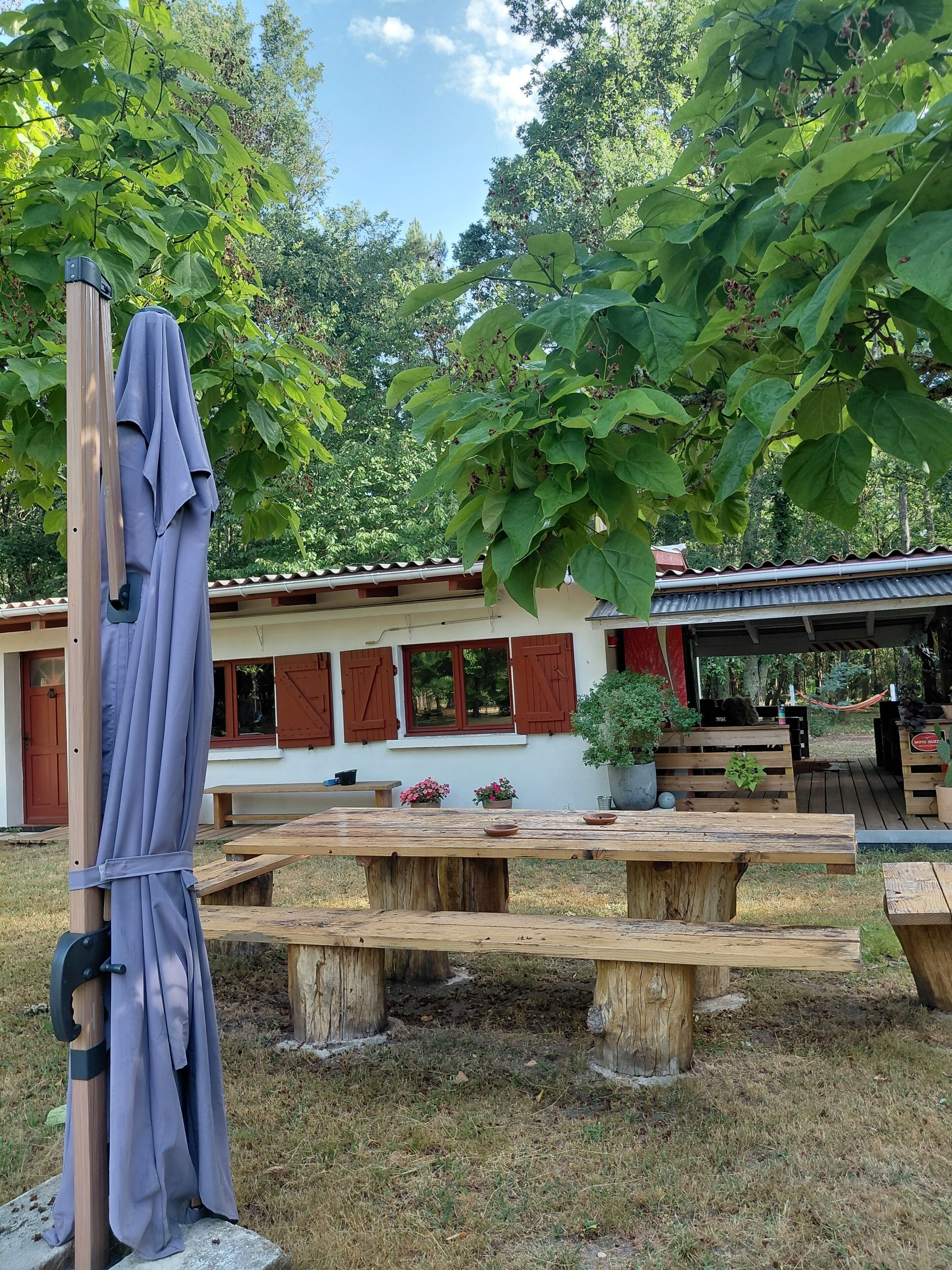 A wooden deck with picnic tables, a covered area with a hammock, and a building with red shutters.
