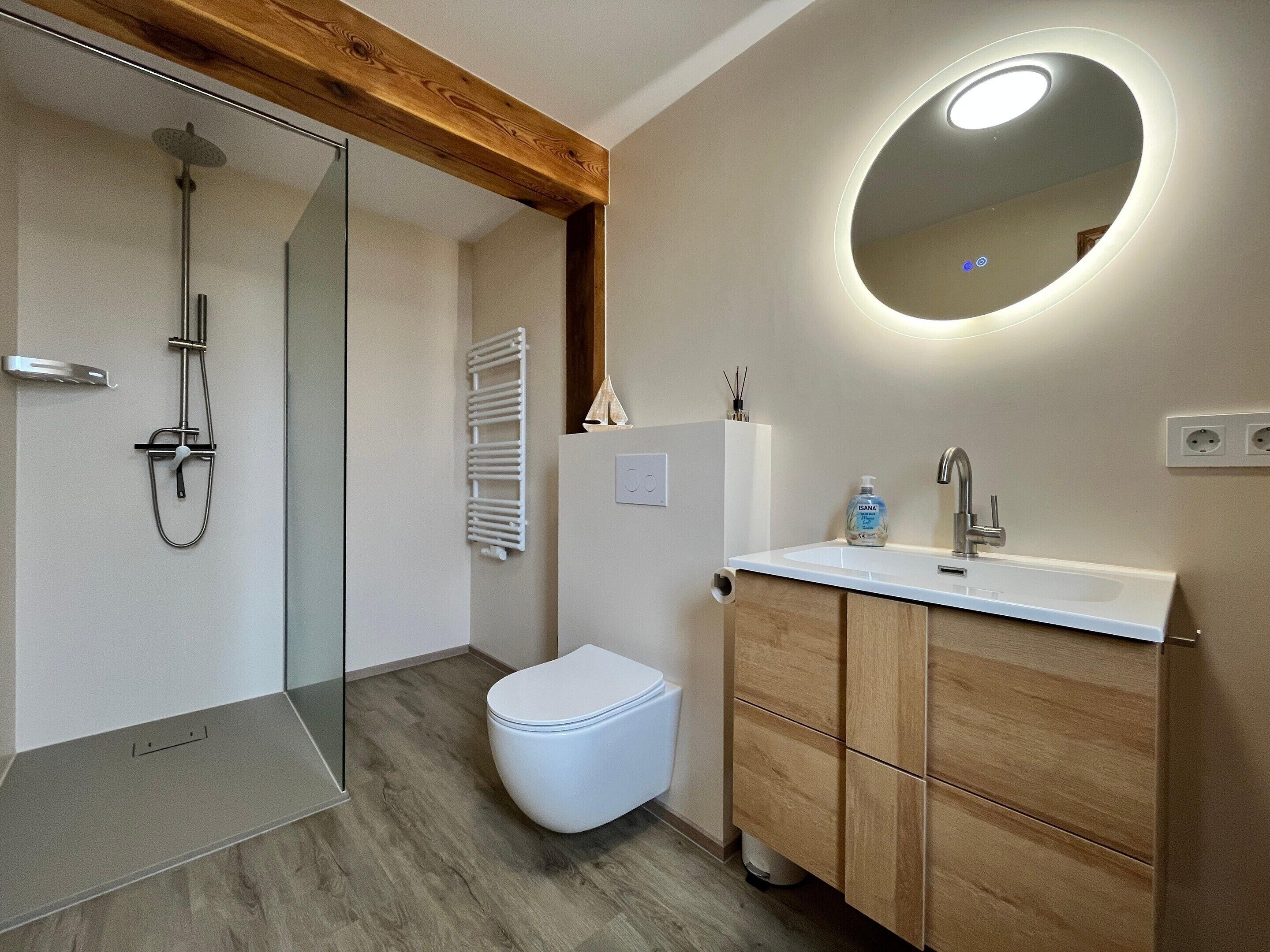 Une salle de bain moderne avec une douche à parois de verre, des toilettes blanches, un meuble-lavabo en bois avec un miroir et un lavabo blanc.