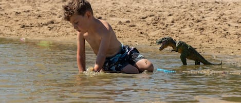 A child playing in shallow water at a beach with a toy dinosaur.