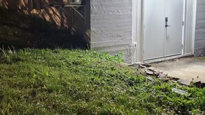 A building with a garage, a water fountain, and a grassy area. - Salt and Spruce private 1 bedroom suite with double bed, kitchen, and laundry (Mount Pearl)