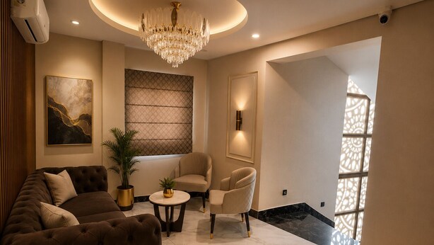 A modern living room with a chandelier, a sofa, two armchairs, a coffee table, and a potted plant. - Qotel Comfort Oasis Rajouri Garden (New Delhi)