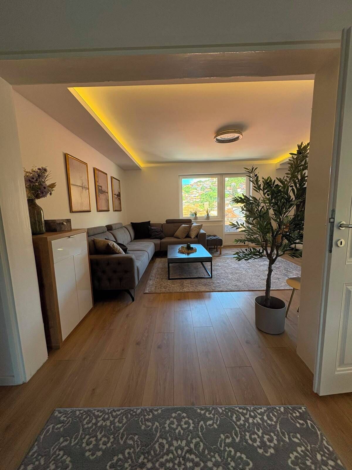 Una sala de estar con sofá, mesa de centro y una planta en maceta.