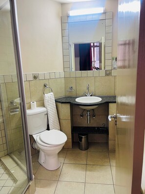 Ein Badezimmer mit Toilette, Waschbecken und Duschbereich.