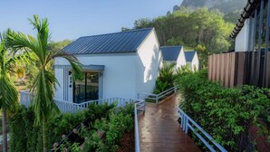 Un chemin mène à un bâtiment blanc surmonté d’un toit en métal, entouré de verdure et délimité par une clôture en bois.