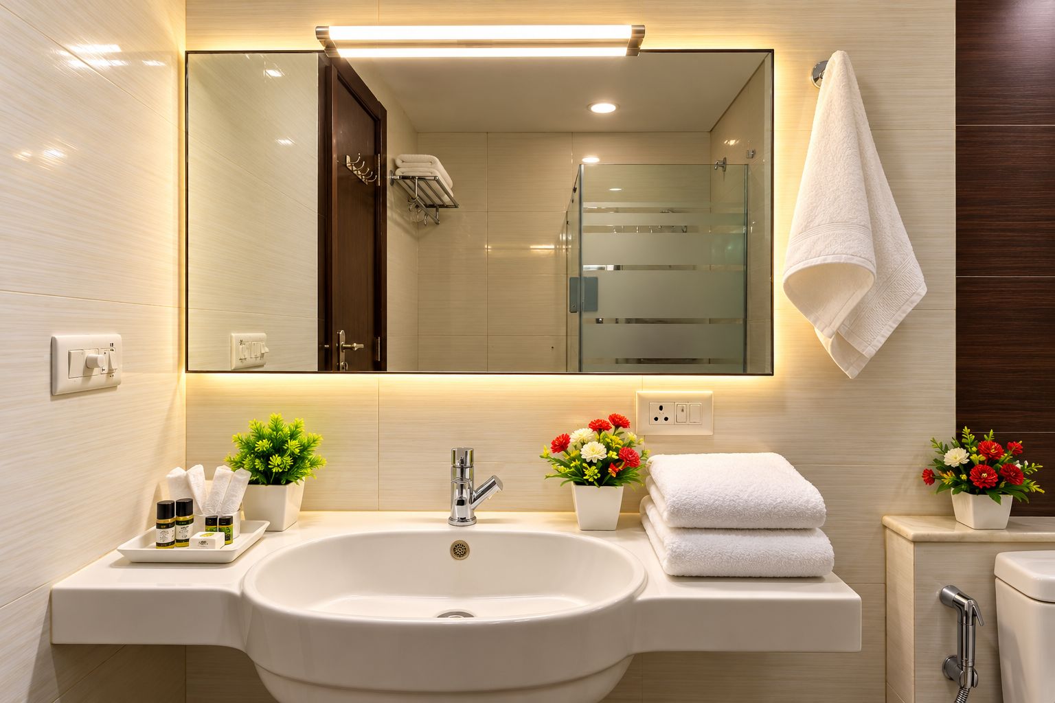 A modern bathroom with a large mirror, a sink, a shower, and a toilet.