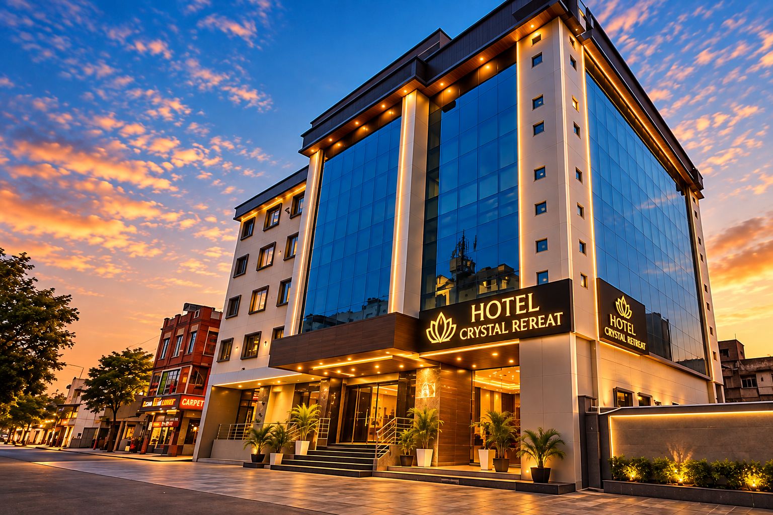 A hotel with a modern glass facade, a prominent entrance with a staircase, and a sign reading 'HOTEL CRYSTAL RETREAT'.
