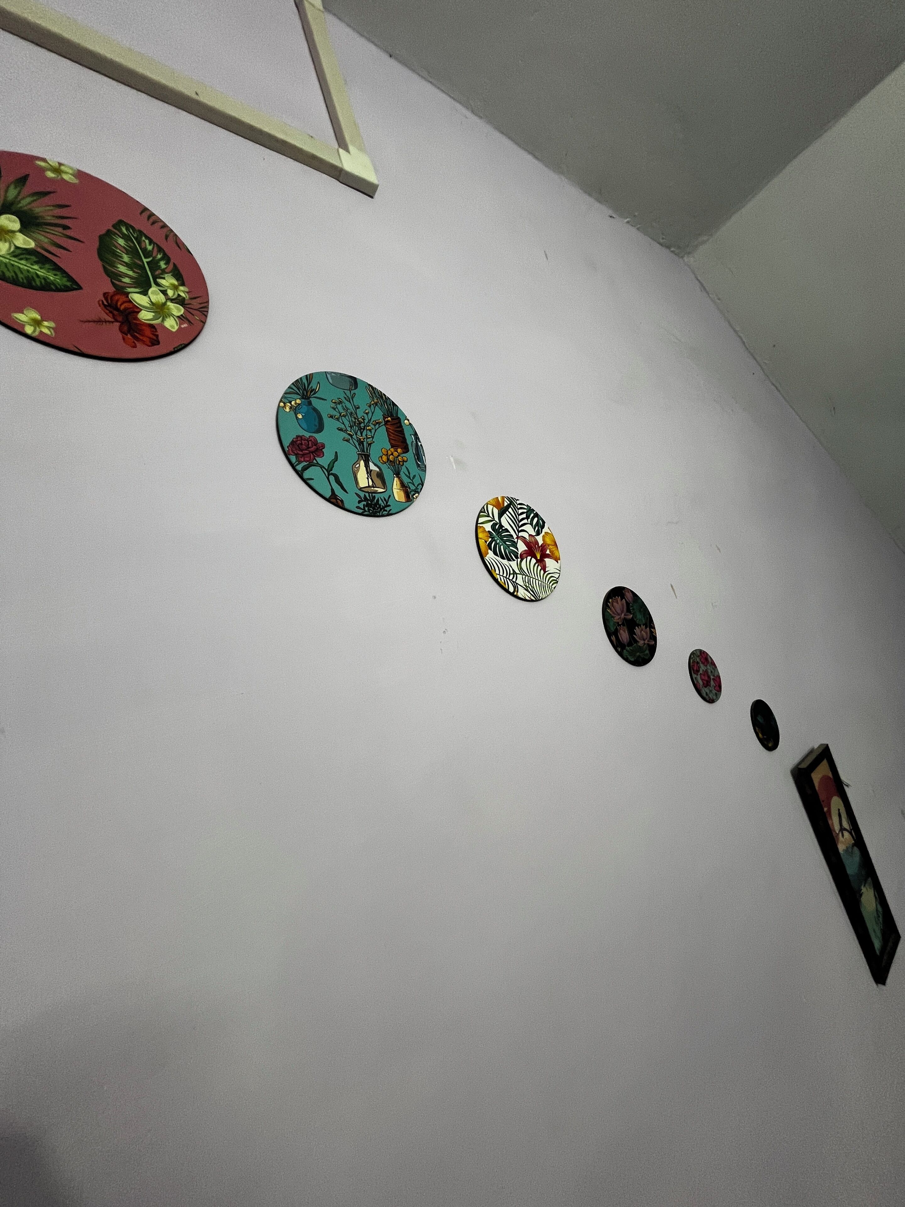 A wall with various decorative plates and a framed picture.