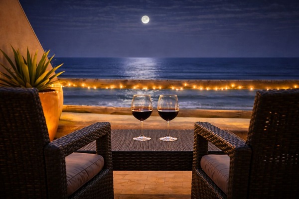 Savor a glass of wine by the waves, with the sea close enough to hear its soothing rhythm. Calm skies, a soft ocean breeze, and the quiet luxury of an unhurried evening.