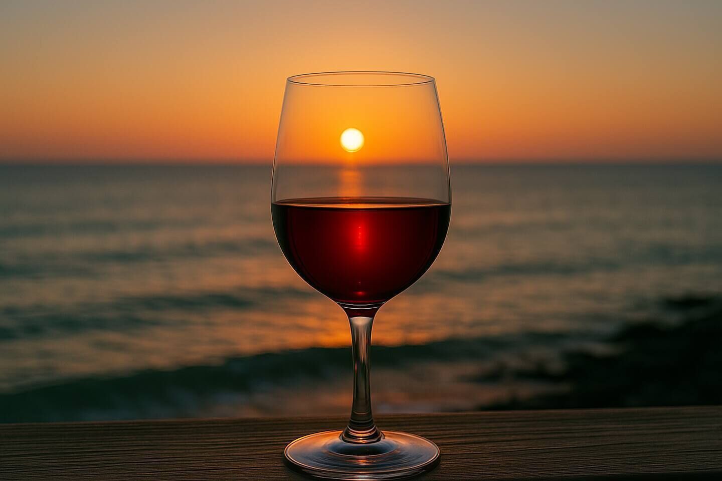 A glass of red wine on a wooden table with a sunset view over the ocean.