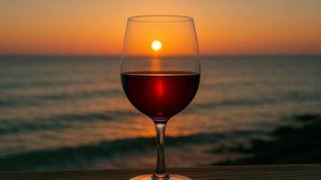 A glass of red wine on a wooden table with a sunset view over the ocean.