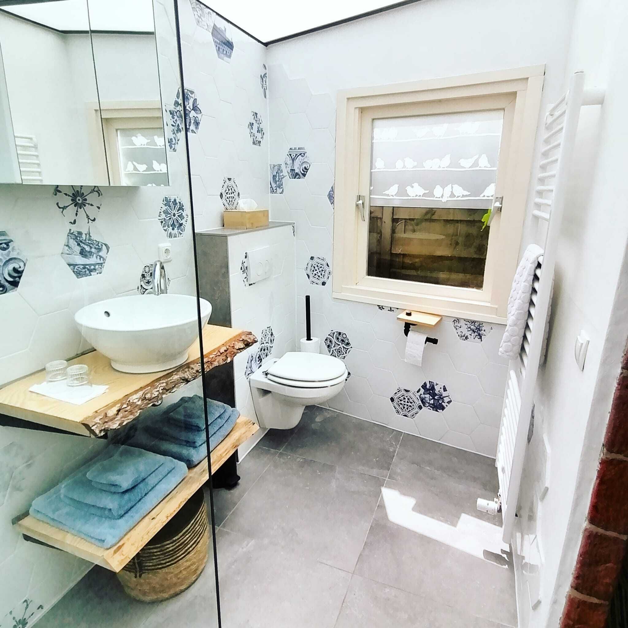 Shower, hair dryer, towels, toilet paper