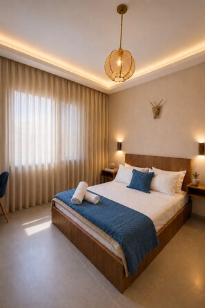 Habitación de hotel con una cama grande, cabecero de madera, dos mesitas de noche con lámparas, una decoración con cabeza de animal montada y una paleta de colores azul y blanco.