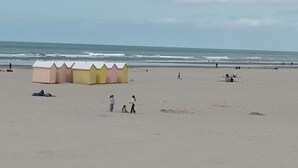 Ein Strand mit einer Reihe bunter Strandkörbe und einem sandigen Ufer.
