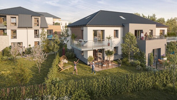 Ein moderner Wohnkomplex mit mehreren zweistöckigen Häusern, einer gemeinsamen Außenpatio und einem gepflegten Garten.